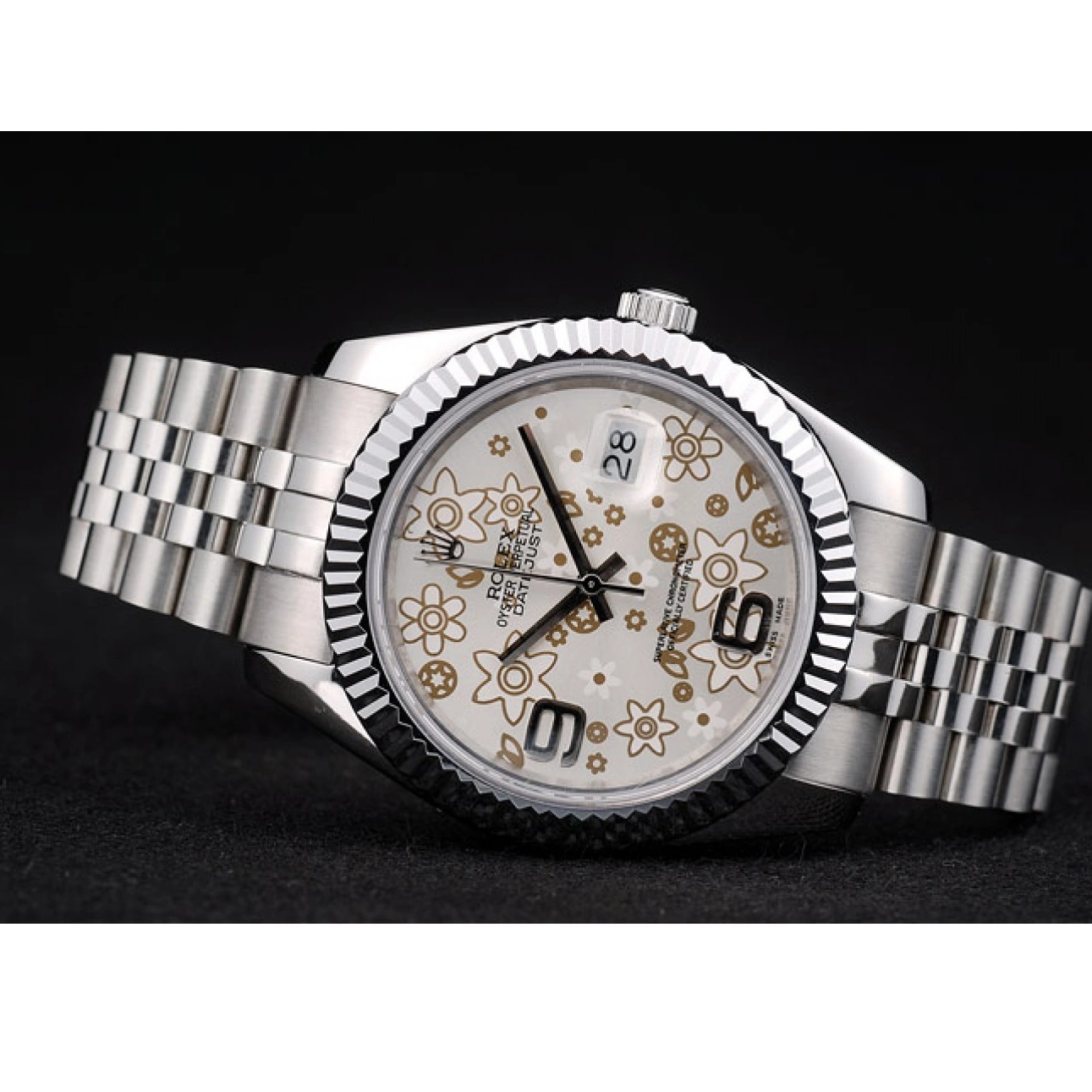 Aaa fake watches Stainless Bezel 42001 Steel Swiss Rolex DateJust Ribbed Silver Flower Dial 0820